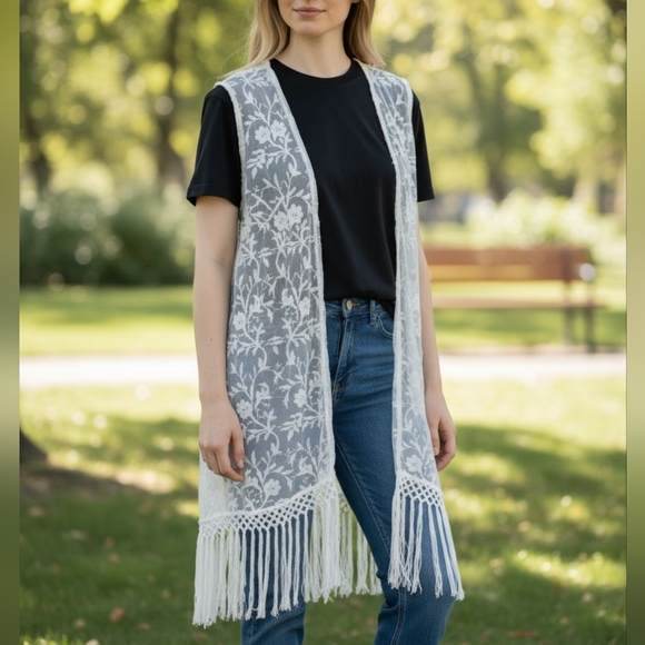 Fringe lace open cardigan kimono coastal cowgirl bohemian - Picture 1 of 7